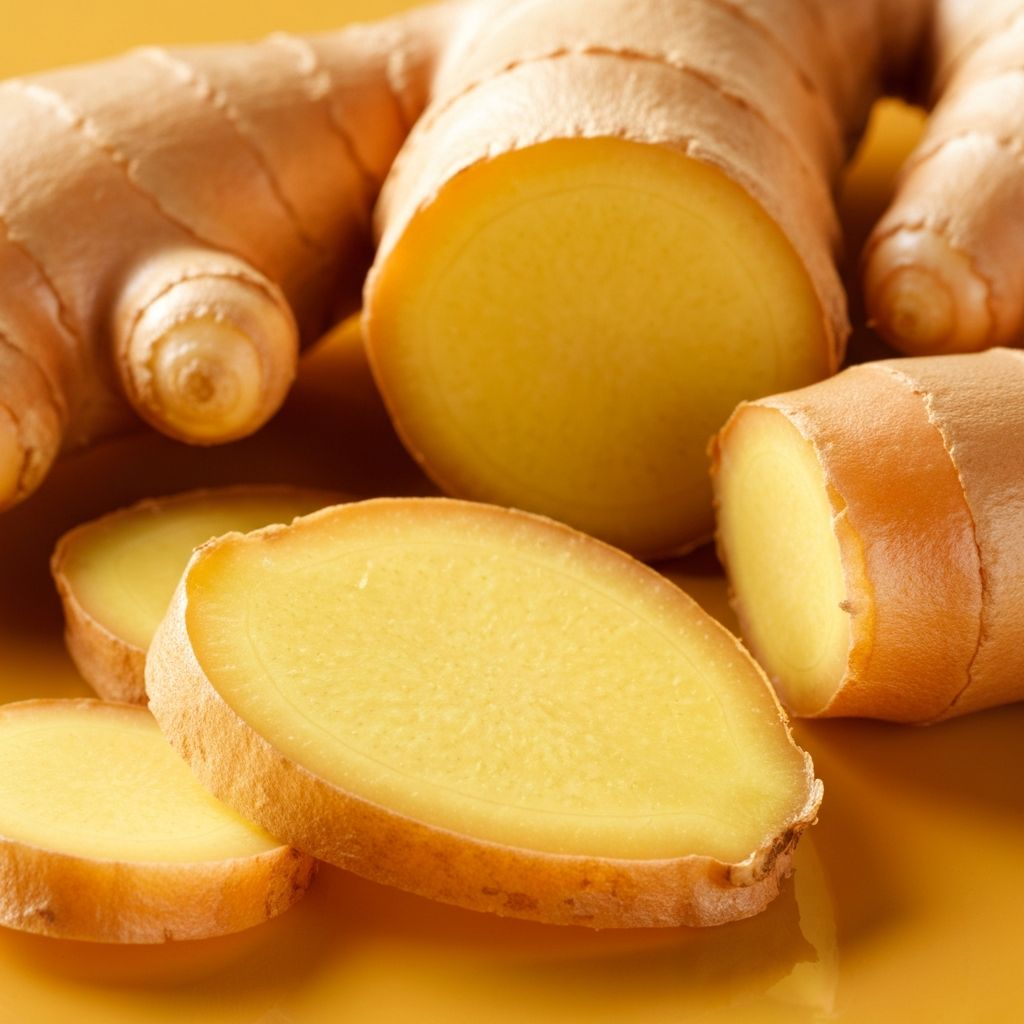 Fresh ginger root and sliced ginger
