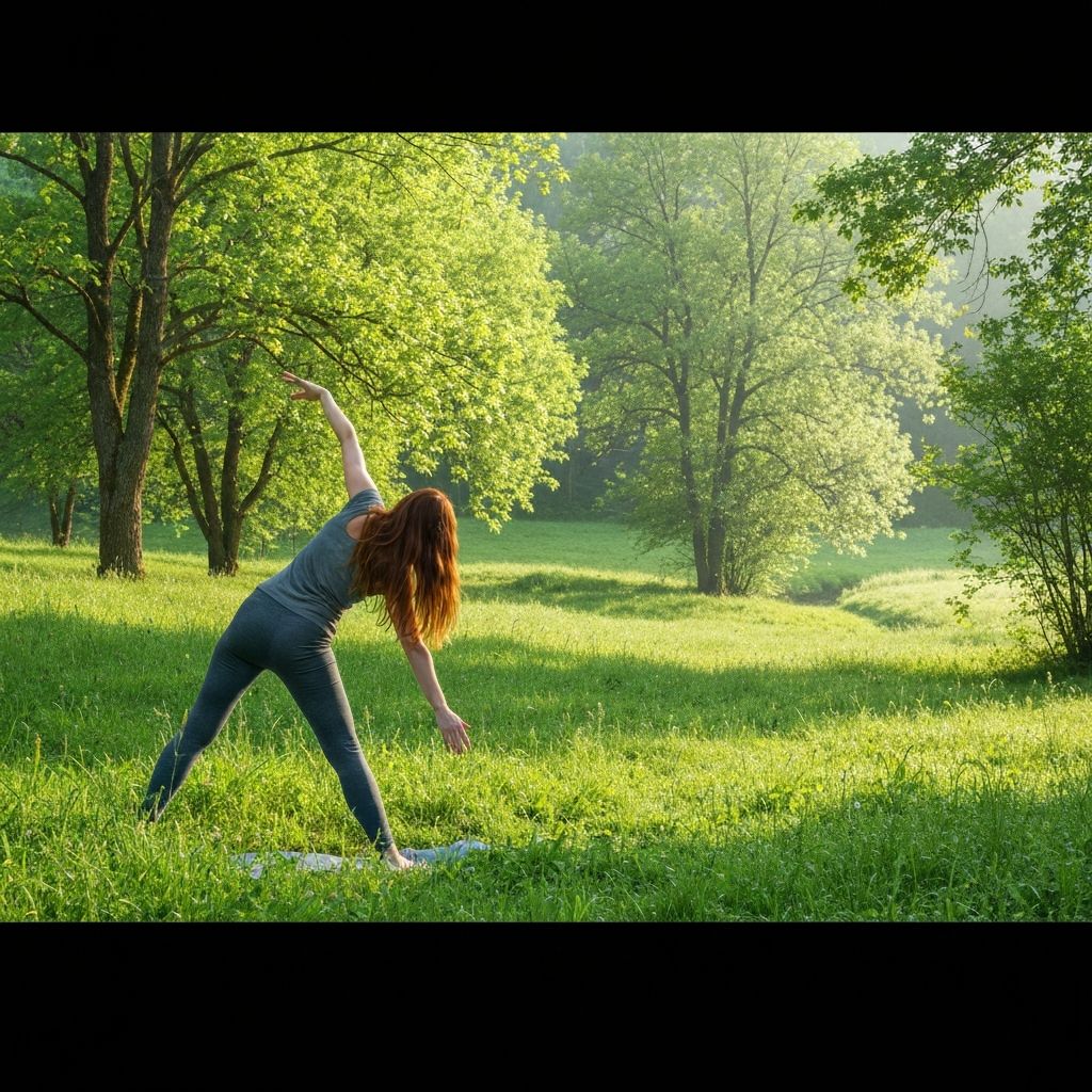 Person stretching in serene natural landscape