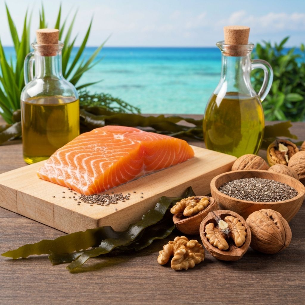 Omega-3 rich foods - salmon, seeds, nuts, and olive oil